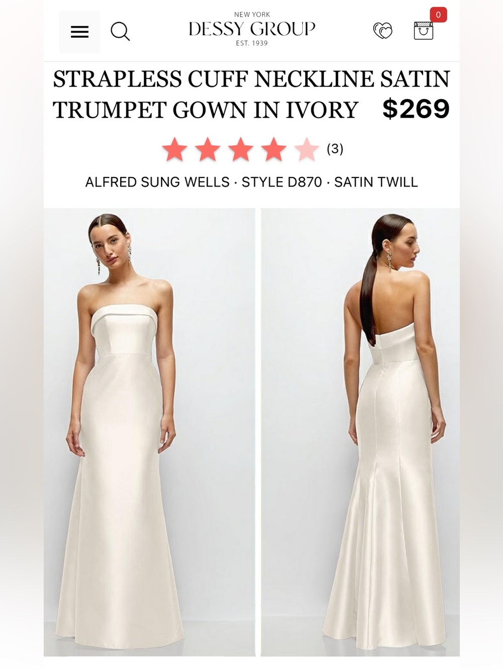 ALFRED SUNG Strapless Satin Trumpet Gown in Ivory